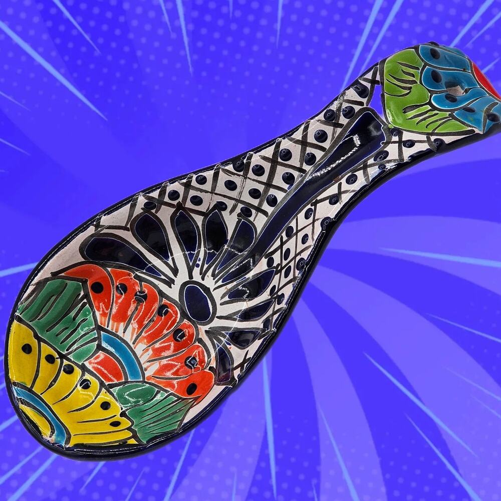 Vintage Mexico Hand Crafted Spoon Rest - Ceramic Hand Painted Geometric Design